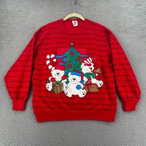 VTG 90s Holiday Time Christmas Deck the Halls Bears Sweater Red Adult Large USA